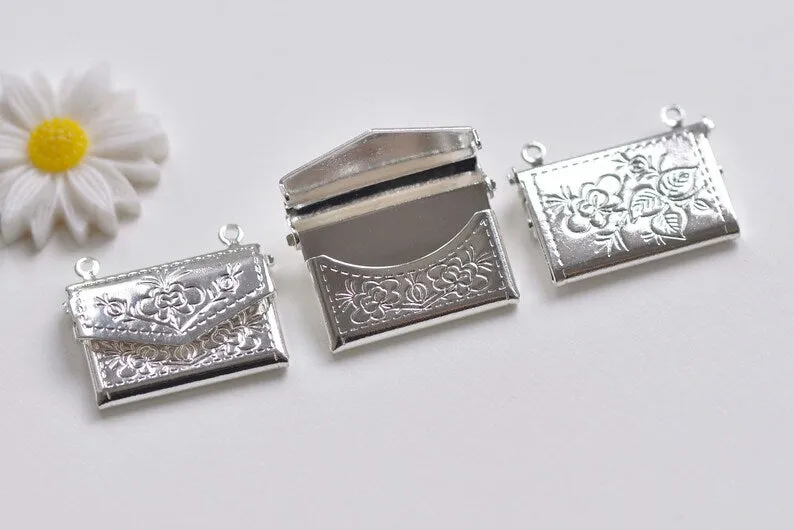 10 pcs Shiny Silver Brass Flower Purse Wallet Shaped Photo Locket Charms 15x20mm