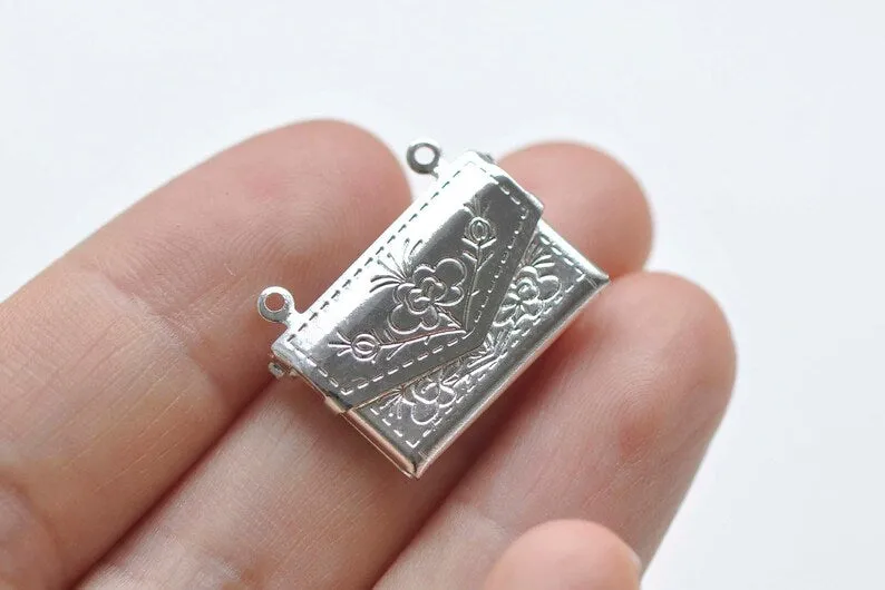10 pcs Shiny Silver Brass Flower Purse Wallet Shaped Photo Locket Charms 15x20mm