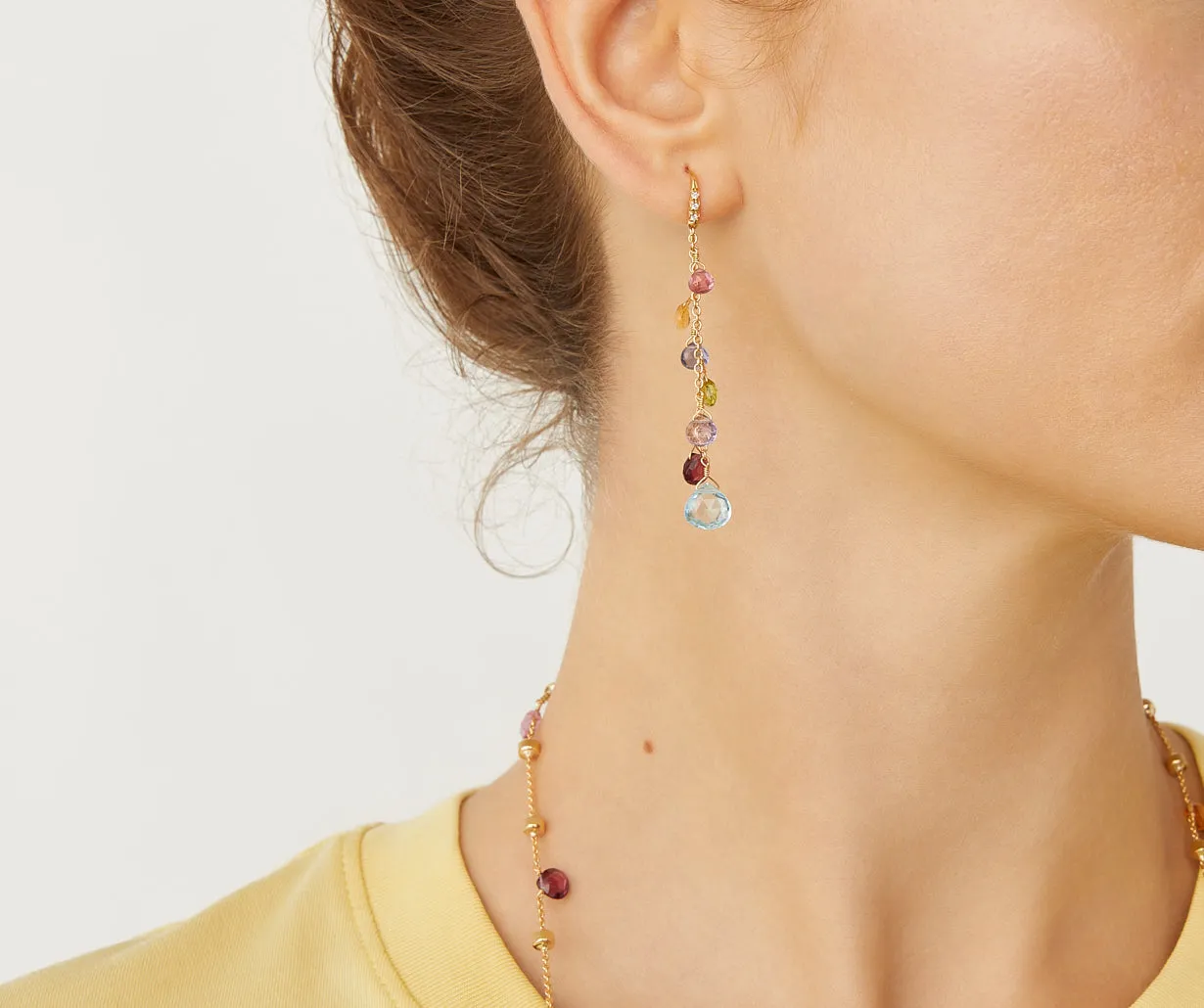 18K Yellow Gold Gemstone Earrings With Diamonds, Long