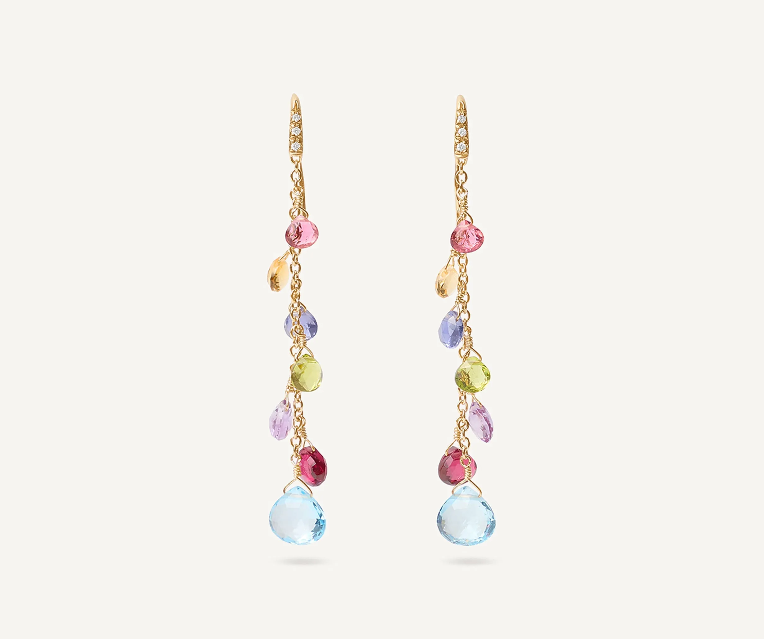 18K Yellow Gold Gemstone Earrings With Diamonds, Long