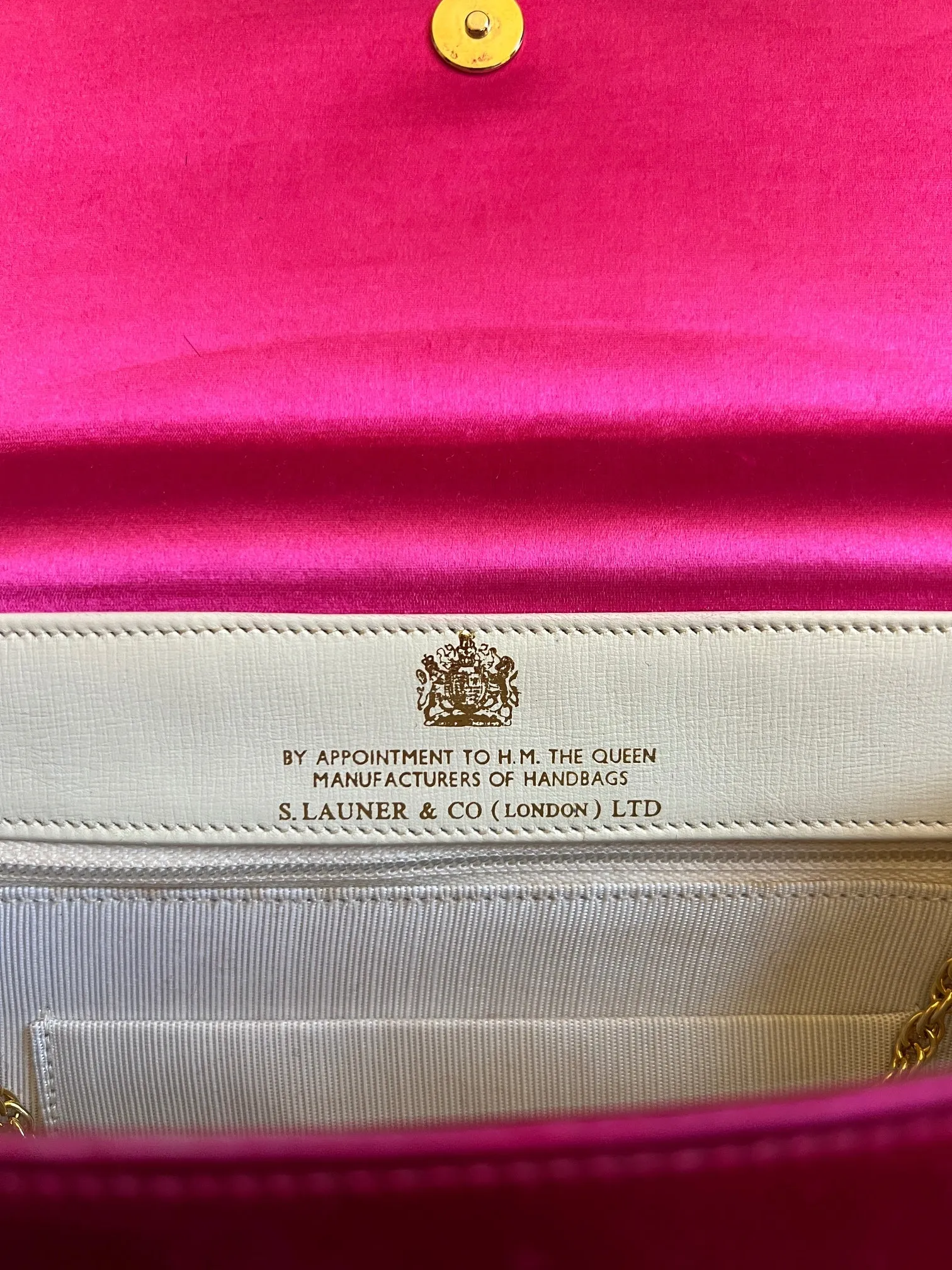1980s Launer London Tosca Silk Pink Clutch with Gold Chain Strap