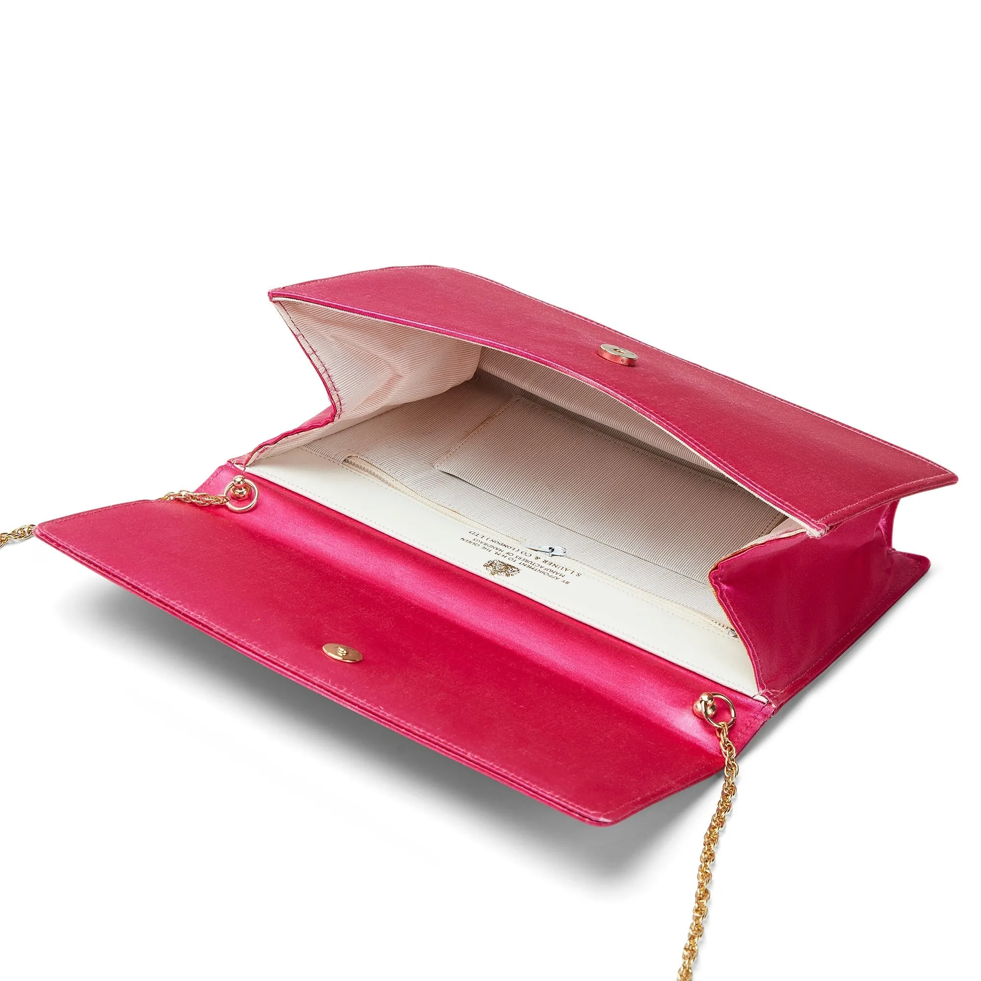 1980s Launer London Tosca Silk Pink Clutch with Gold Chain Strap