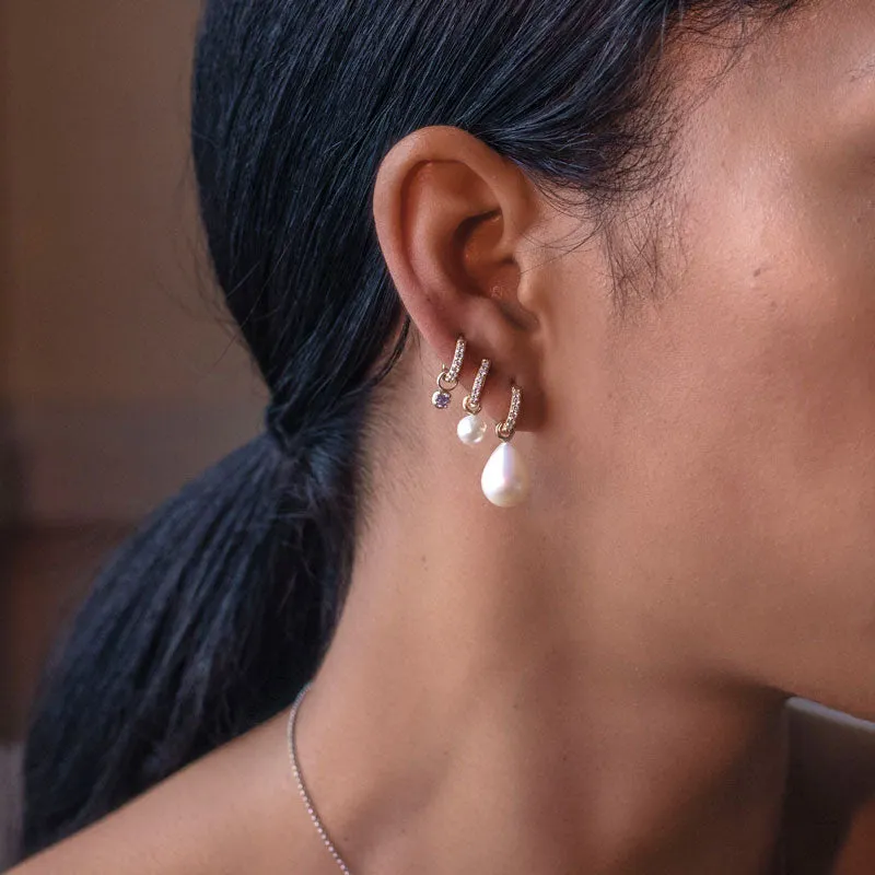 9k Diamond Story Hoops   Round Pearl Drops