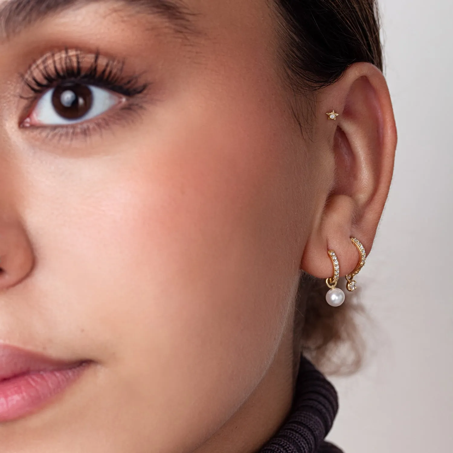 9k Diamond Story Hoops   Round Pearl Drops
