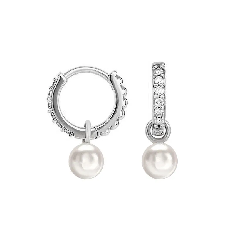 9k Diamond Story Hoops   Round Pearl Drops