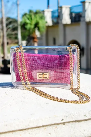 A Classy Look Clear Bag With Rhinestone Clutch - Fuchsia