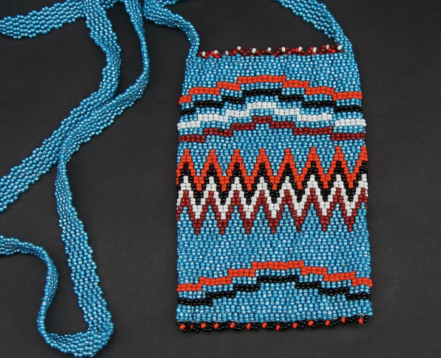 African Beaded Cell Phone Holder Bag Blue Orange Long Shoulder Strap Handcrafted South Africa