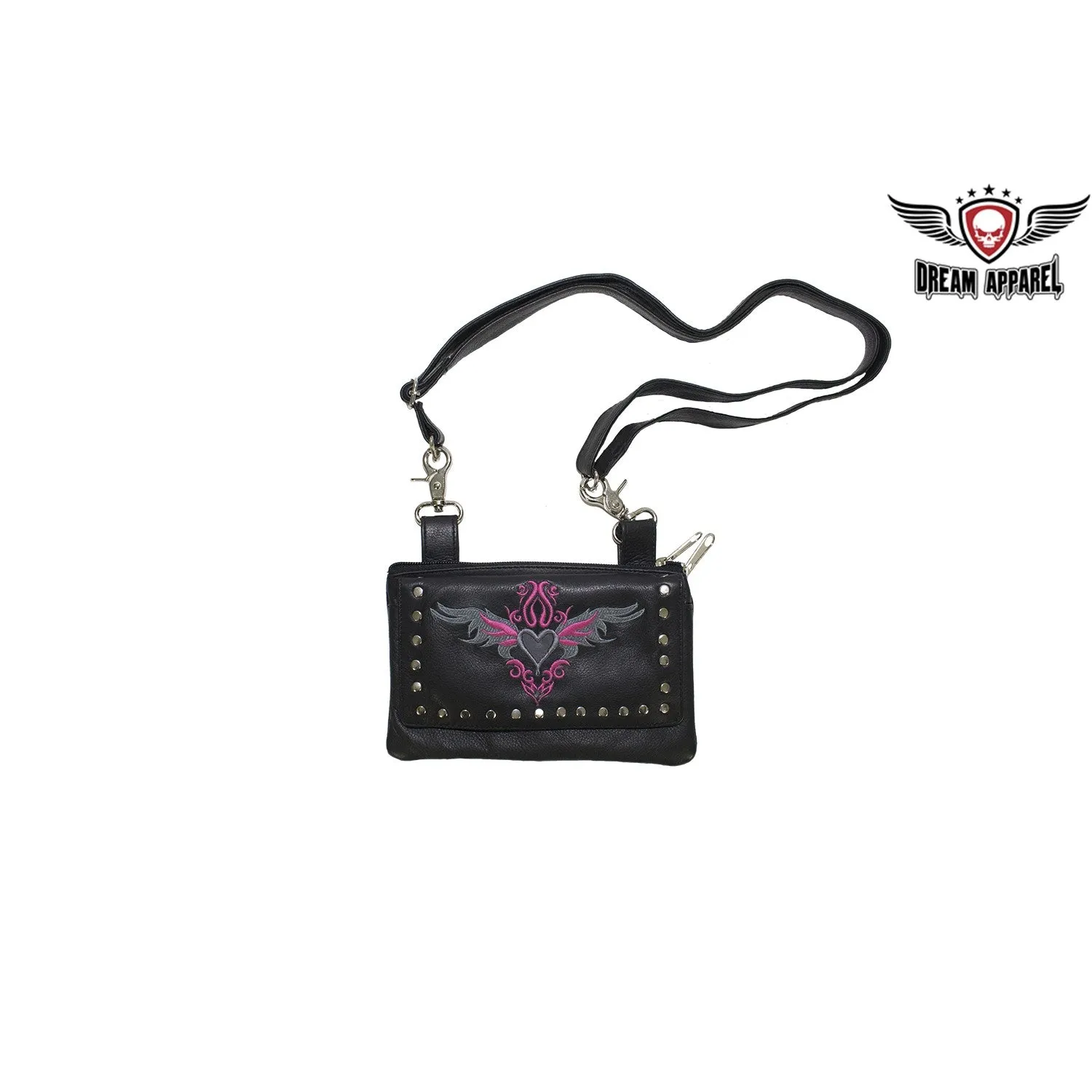 All Naked Cowhide Leather Belt Bag with Gray/Pink Heart and Studs