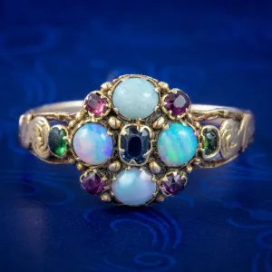 Antique Georgian Opal Sapphire Ruby Cluster Ring