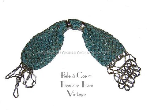 Antique Misers Purse Knitted Turquoise Blue and Cut Steel Beads Victorian