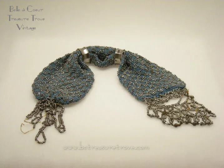 Antique Misers Purse Knitted Turquoise Blue and Cut Steel Beads Victorian