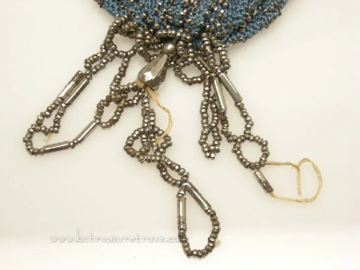 Antique Misers Purse Knitted Turquoise Blue and Cut Steel Beads Victorian