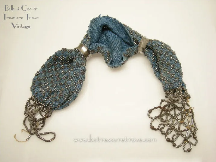 Antique Misers Purse Knitted Turquoise Blue and Cut Steel Beads Victorian