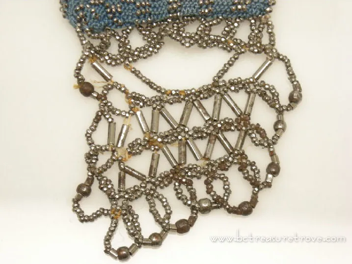 Antique Misers Purse Knitted Turquoise Blue and Cut Steel Beads Victorian