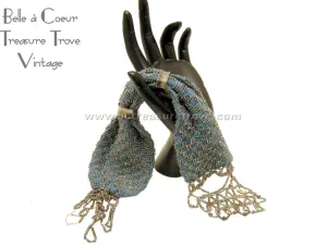 Antique Misers Purse Knitted Turquoise Blue and Cut Steel Beads Victorian