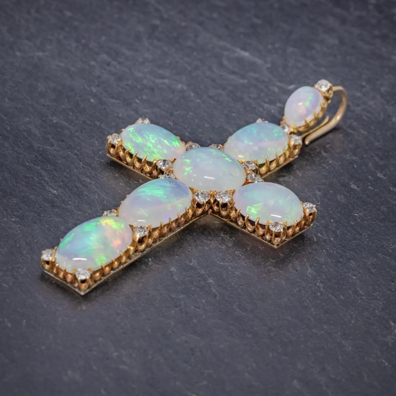 Antique Victorian 35Ct Opal Cross Pendant Diamond 18Ct Gold Circa 1900