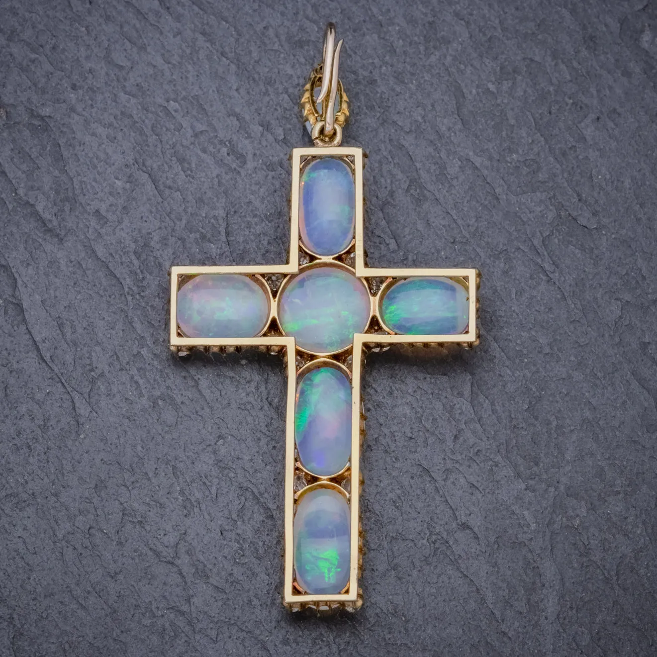 Antique Victorian 35Ct Opal Cross Pendant Diamond 18Ct Gold Circa 1900