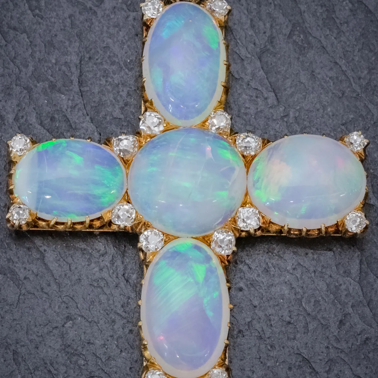 Antique Victorian 35Ct Opal Cross Pendant Diamond 18Ct Gold Circa 1900