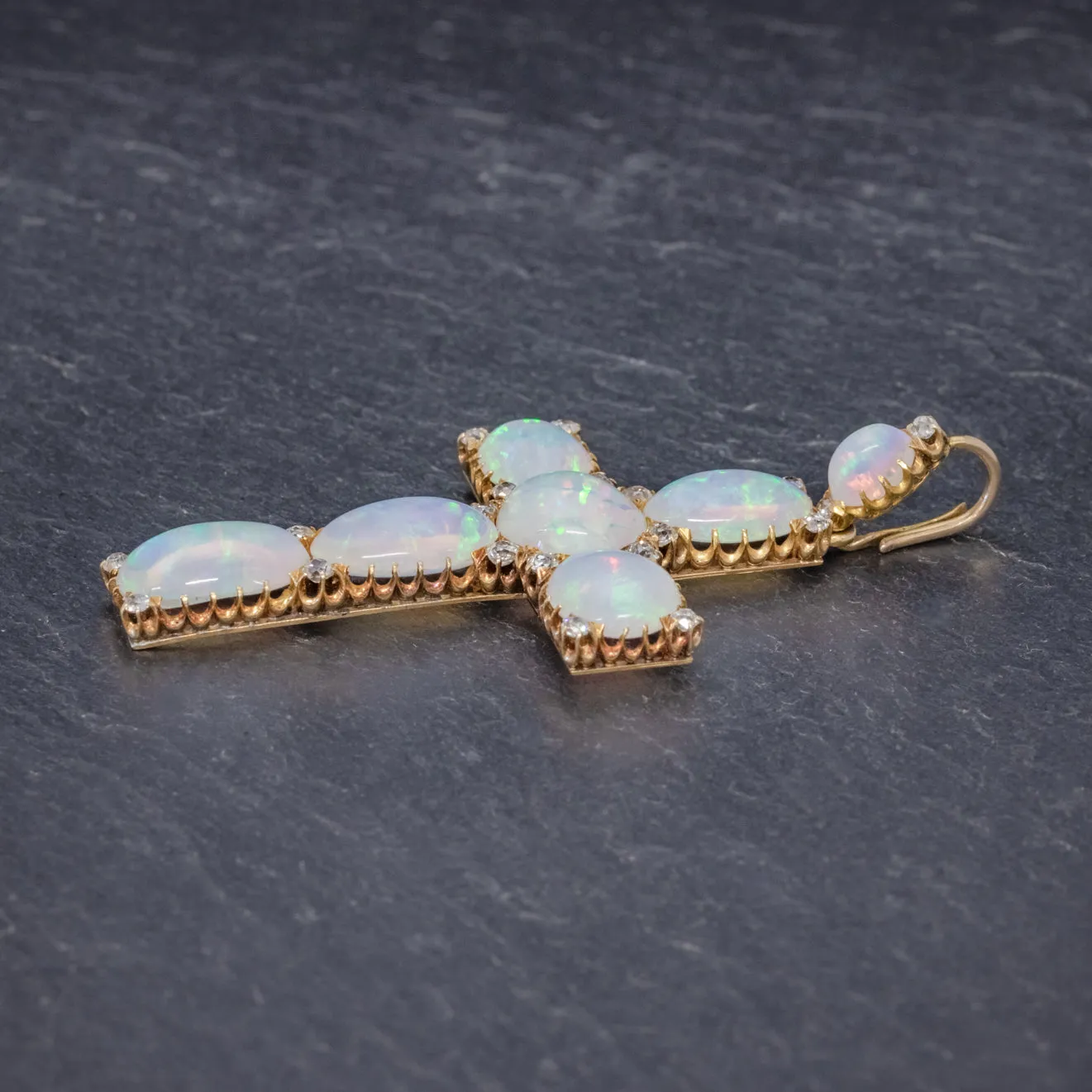 Antique Victorian 35Ct Opal Cross Pendant Diamond 18Ct Gold Circa 1900
