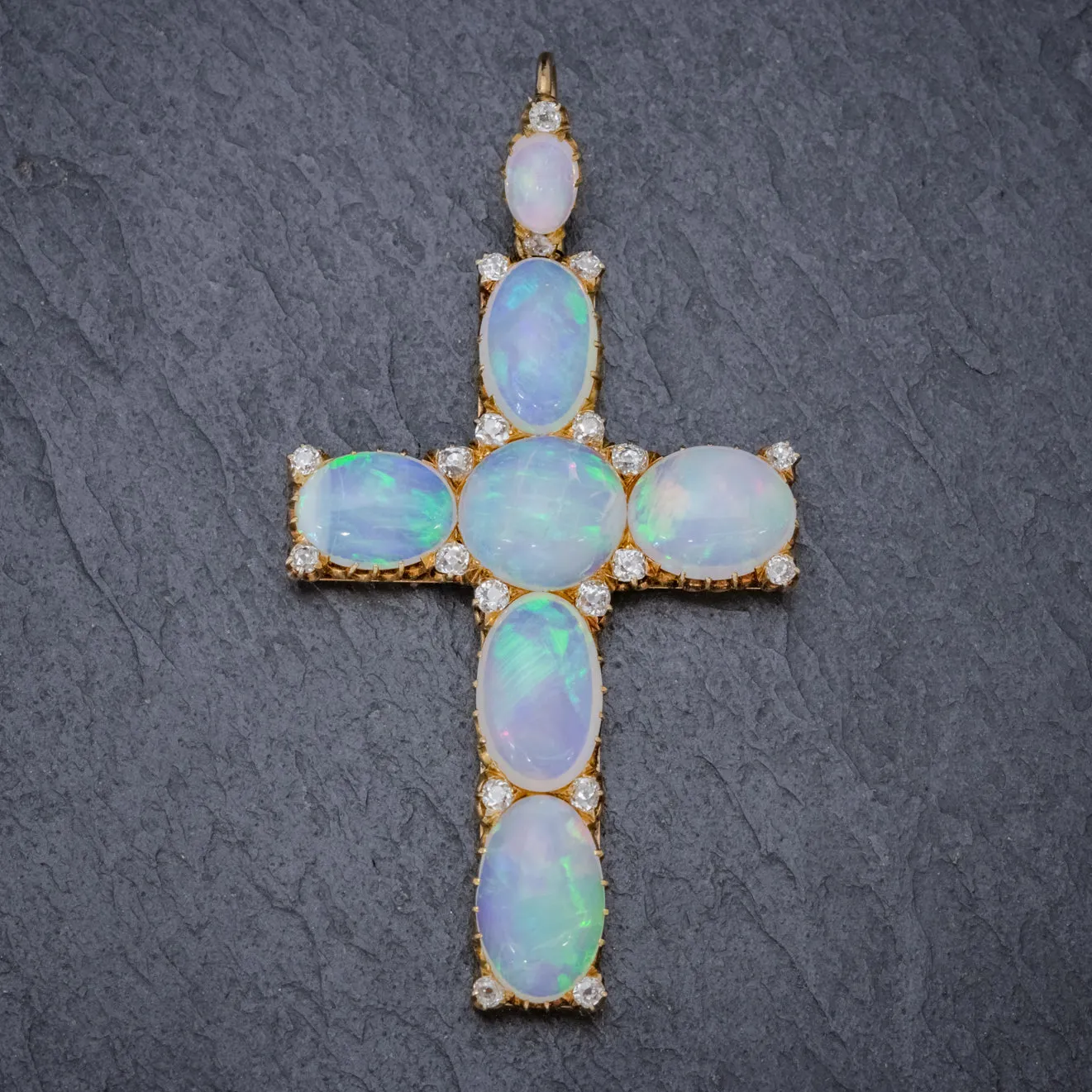 Antique Victorian 35Ct Opal Cross Pendant Diamond 18Ct Gold Circa 1900