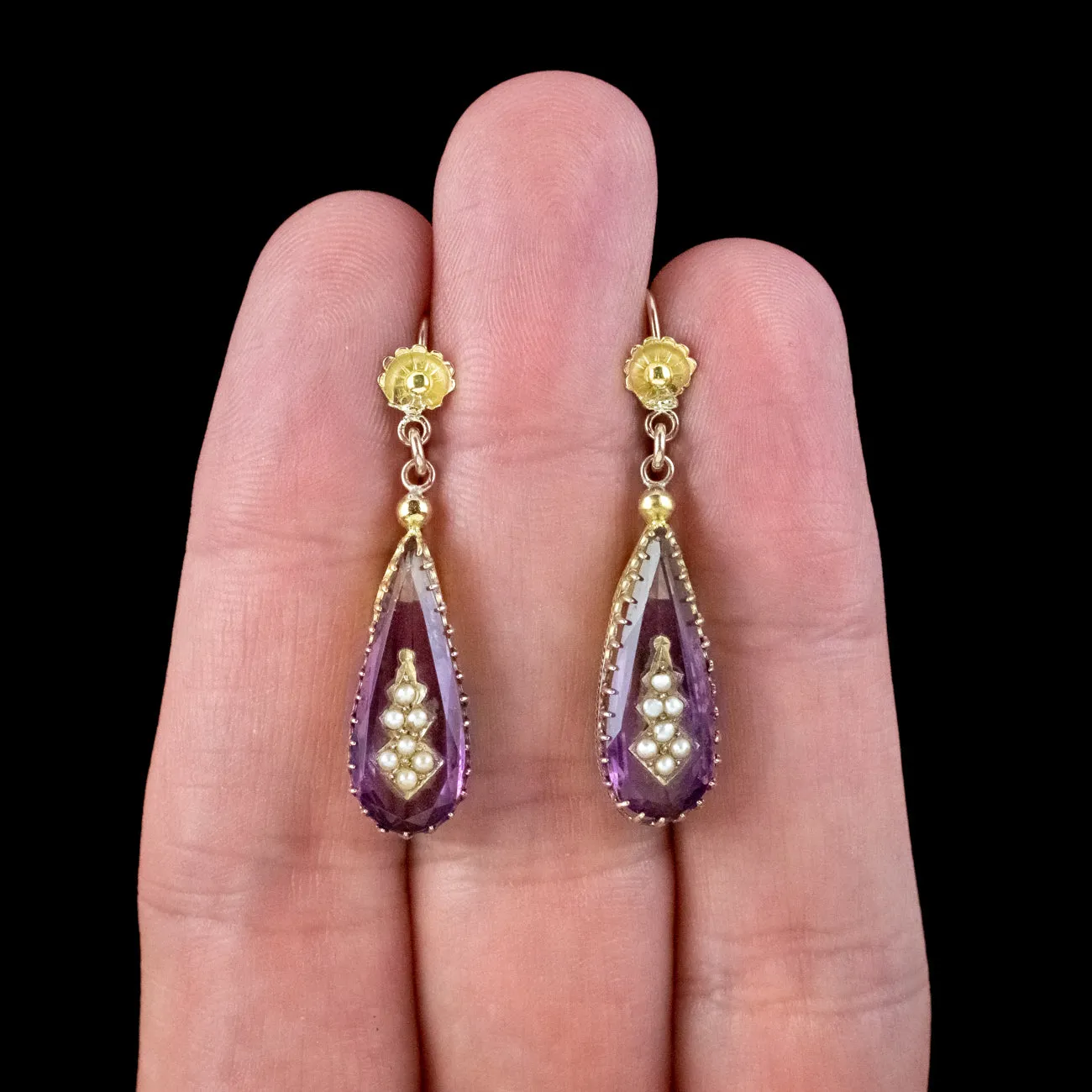 Antique Victorian Amethyst Pearl Drop Earrings 18ct Gold