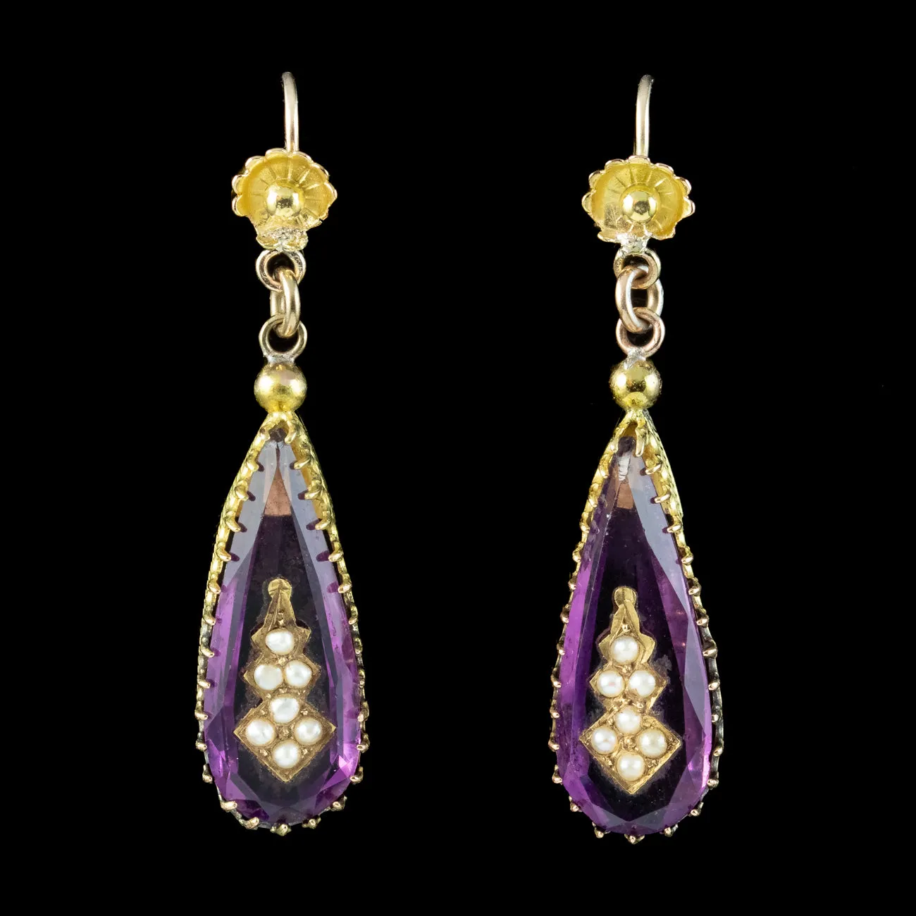 Antique Victorian Amethyst Pearl Drop Earrings 18ct Gold