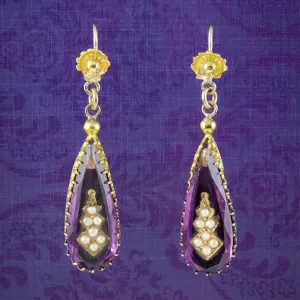 Antique Victorian Amethyst Pearl Drop Earrings 18ct Gold