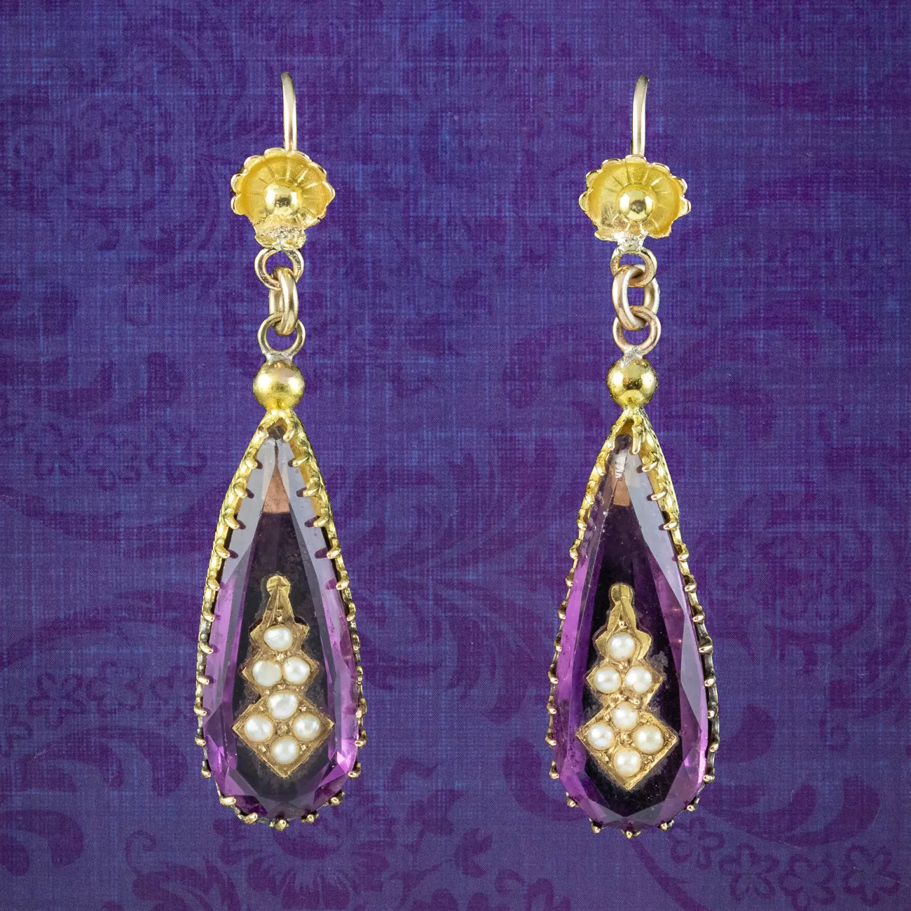 Antique Victorian Amethyst Pearl Drop Earrings 18ct Gold