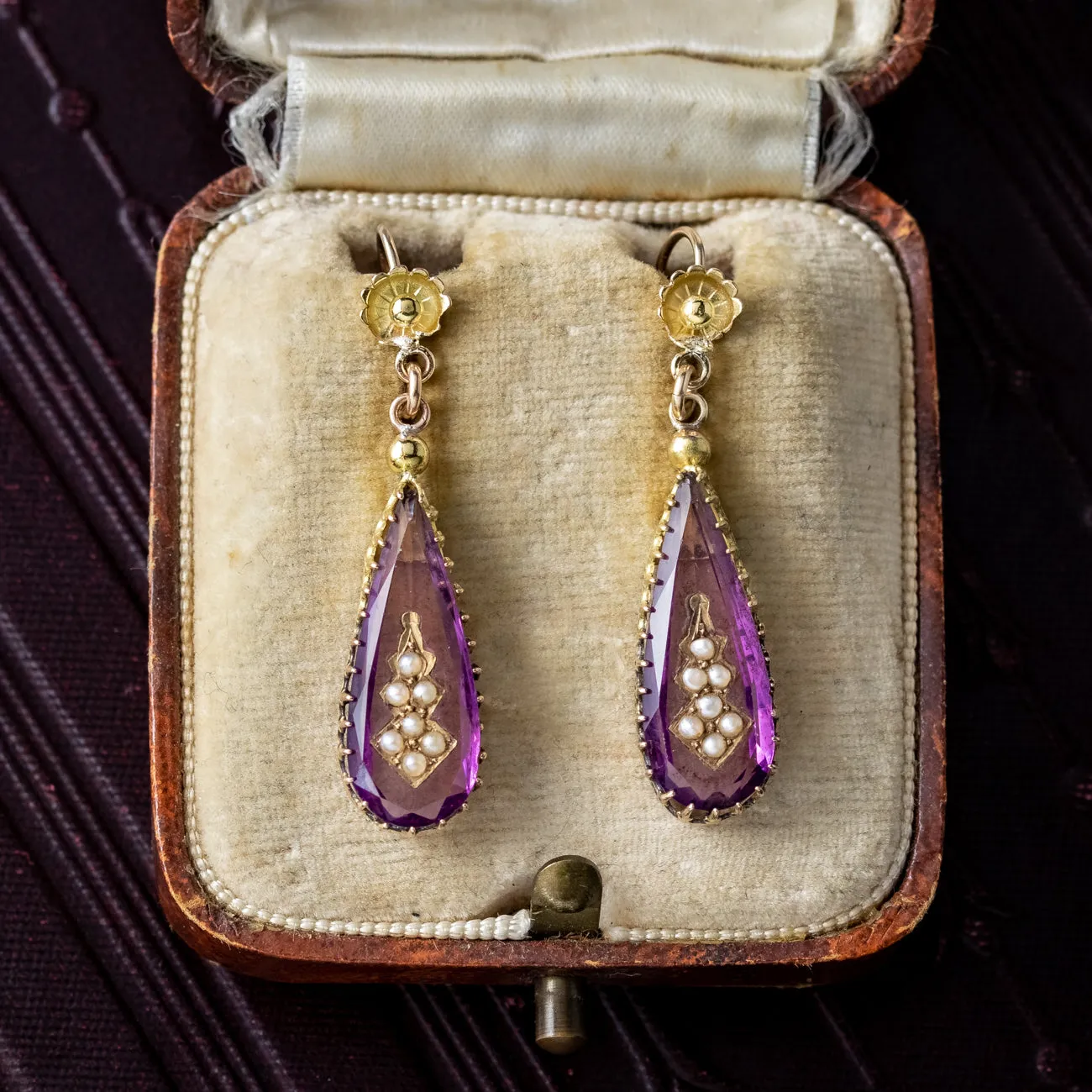 Antique Victorian Amethyst Pearl Drop Earrings 18ct Gold