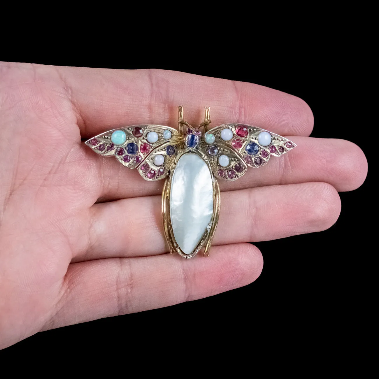 Antique Victorian Butterfly Brooch Mabe Pearl Ruby Sapphire Opal
