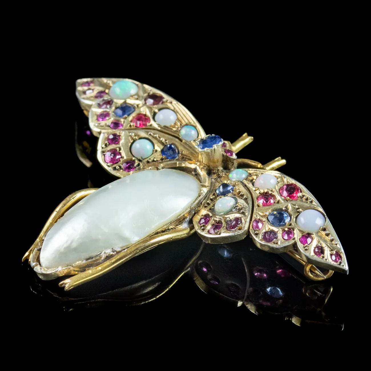 Antique Victorian Butterfly Brooch Mabe Pearl Ruby Sapphire Opal