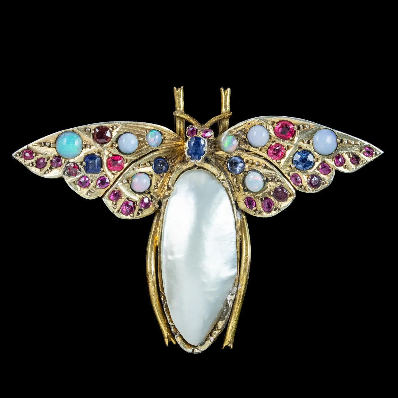 Antique Victorian Butterfly Brooch Mabe Pearl Ruby Sapphire Opal
