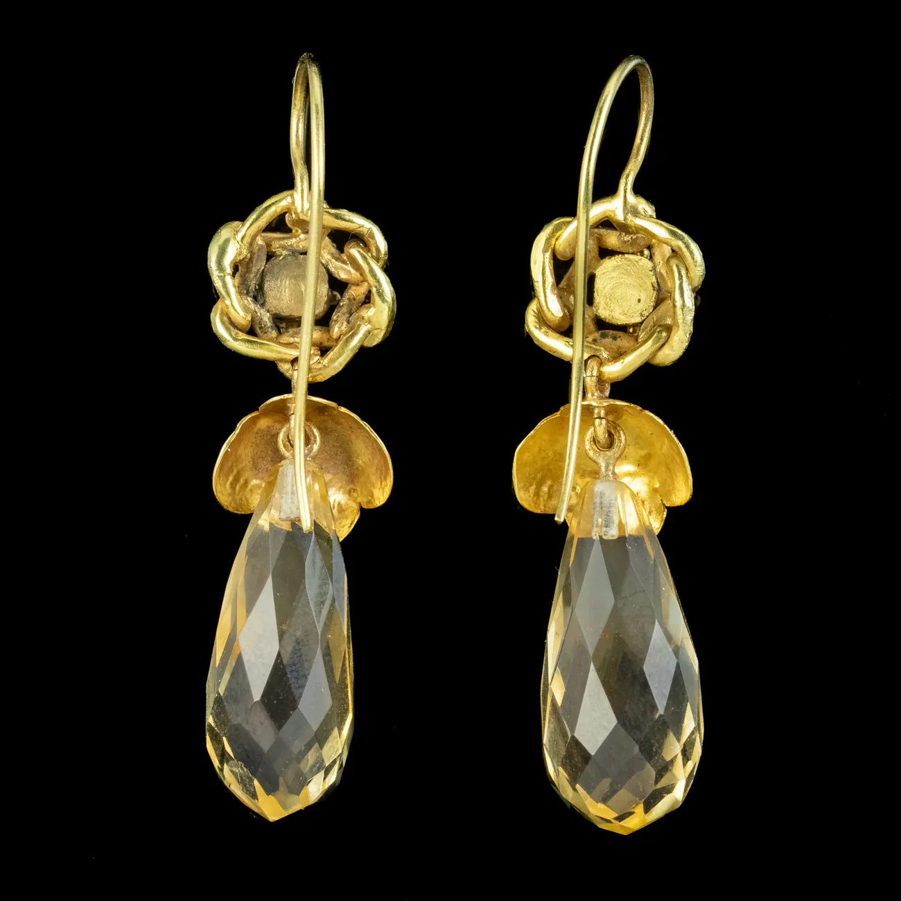 Antique Victorian Citrine Diamond Drop Earrings 18ct Gold