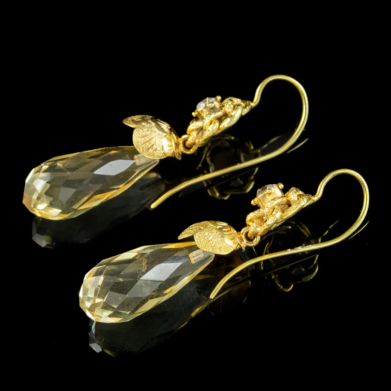 Antique Victorian Citrine Diamond Drop Earrings 18ct Gold