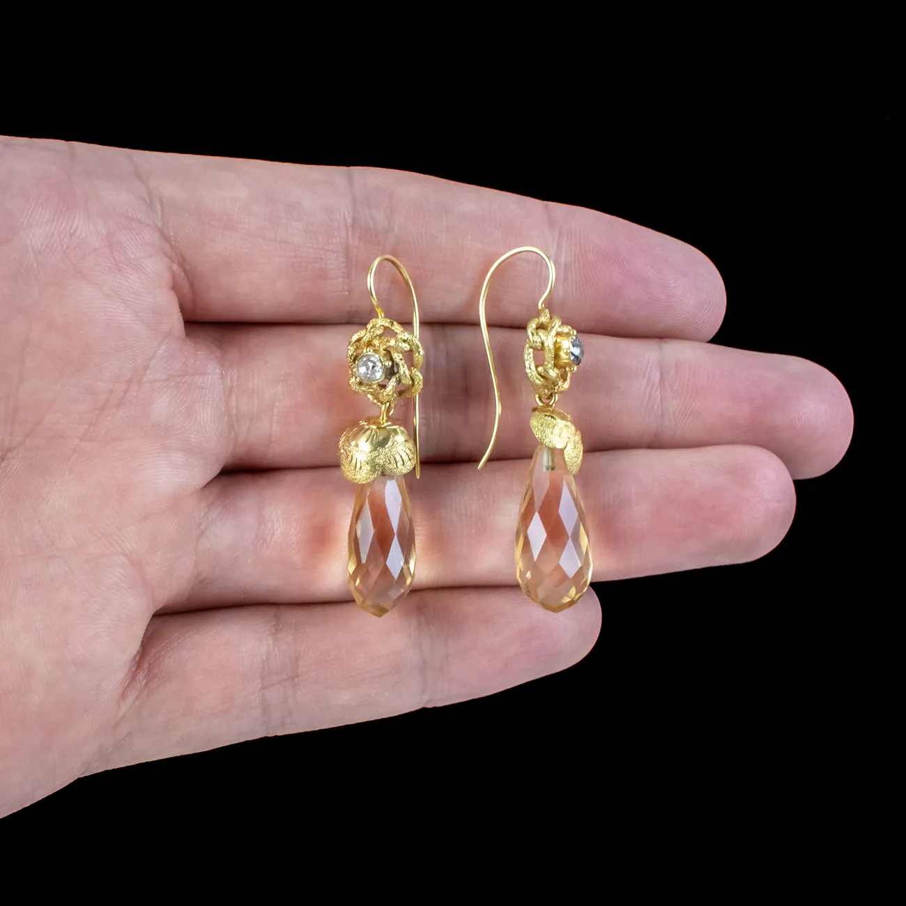 Antique Victorian Citrine Diamond Drop Earrings 18ct Gold