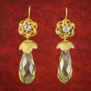 Antique Victorian Citrine Diamond Drop Earrings 18ct Gold