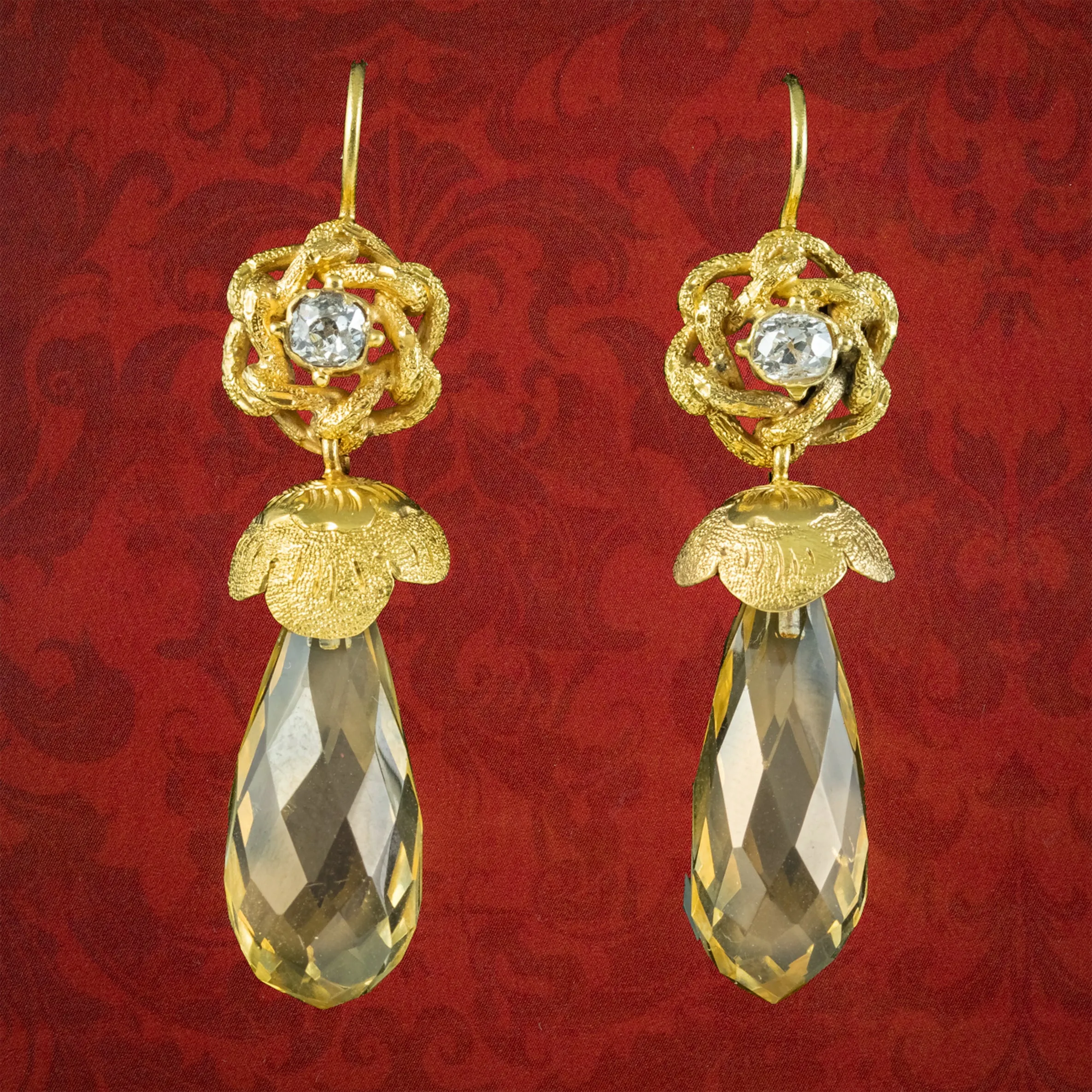 Antique Victorian Citrine Diamond Drop Earrings 18ct Gold