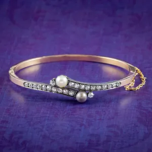 Antique Victorian French Diamond Pearl Toi Et Moi Twist Bangle 18ct Gold