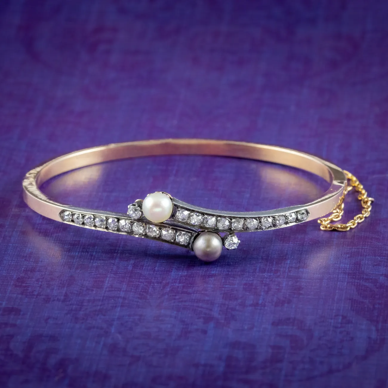 Antique Victorian French Diamond Pearl Toi Et Moi Twist Bangle 18ct Gold