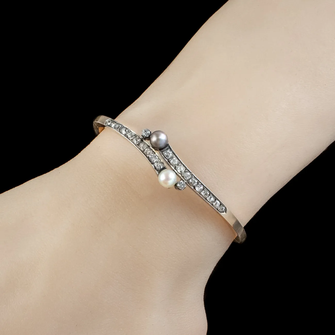 Antique Victorian French Diamond Pearl Toi Et Moi Twist Bangle 18ct Gold