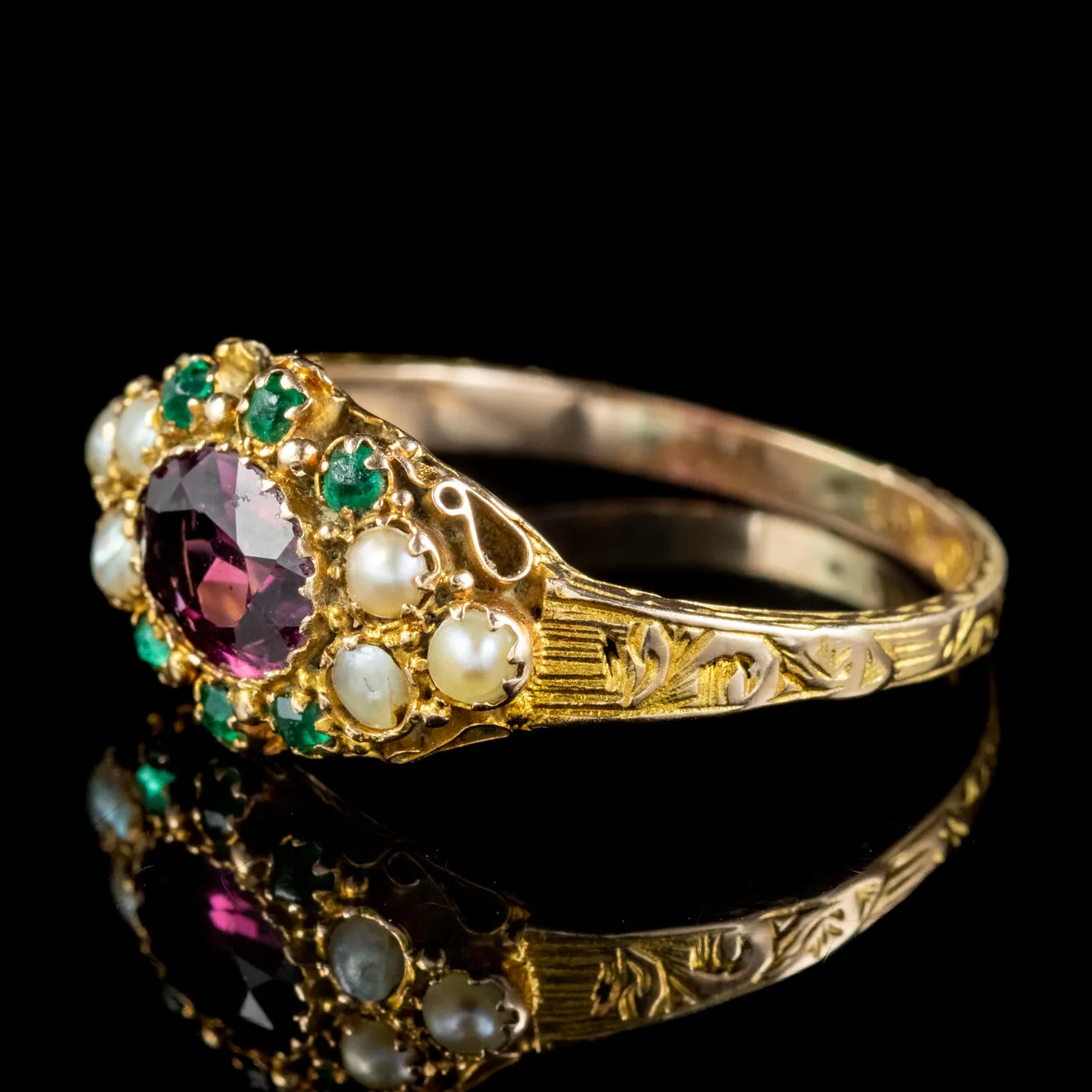 Antique Victorian Garnet Pearl Cluster Ring Circa 1890