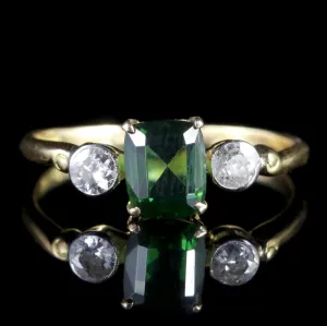 Antique Victorian Green Tourmaline Diamond Ring 18Ct Gold