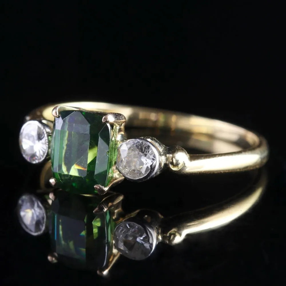 Antique Victorian Green Tourmaline Diamond Ring 18Ct Gold
