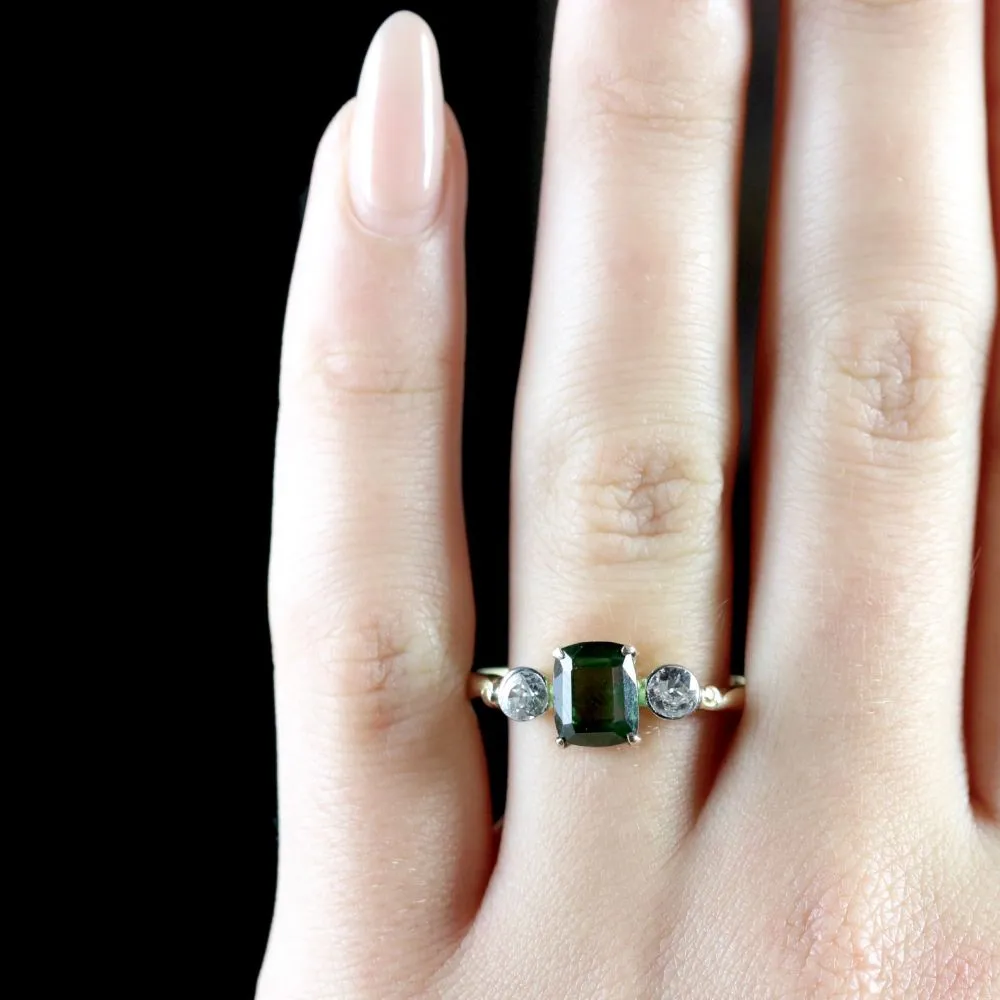 Antique Victorian Green Tourmaline Diamond Ring 18Ct Gold