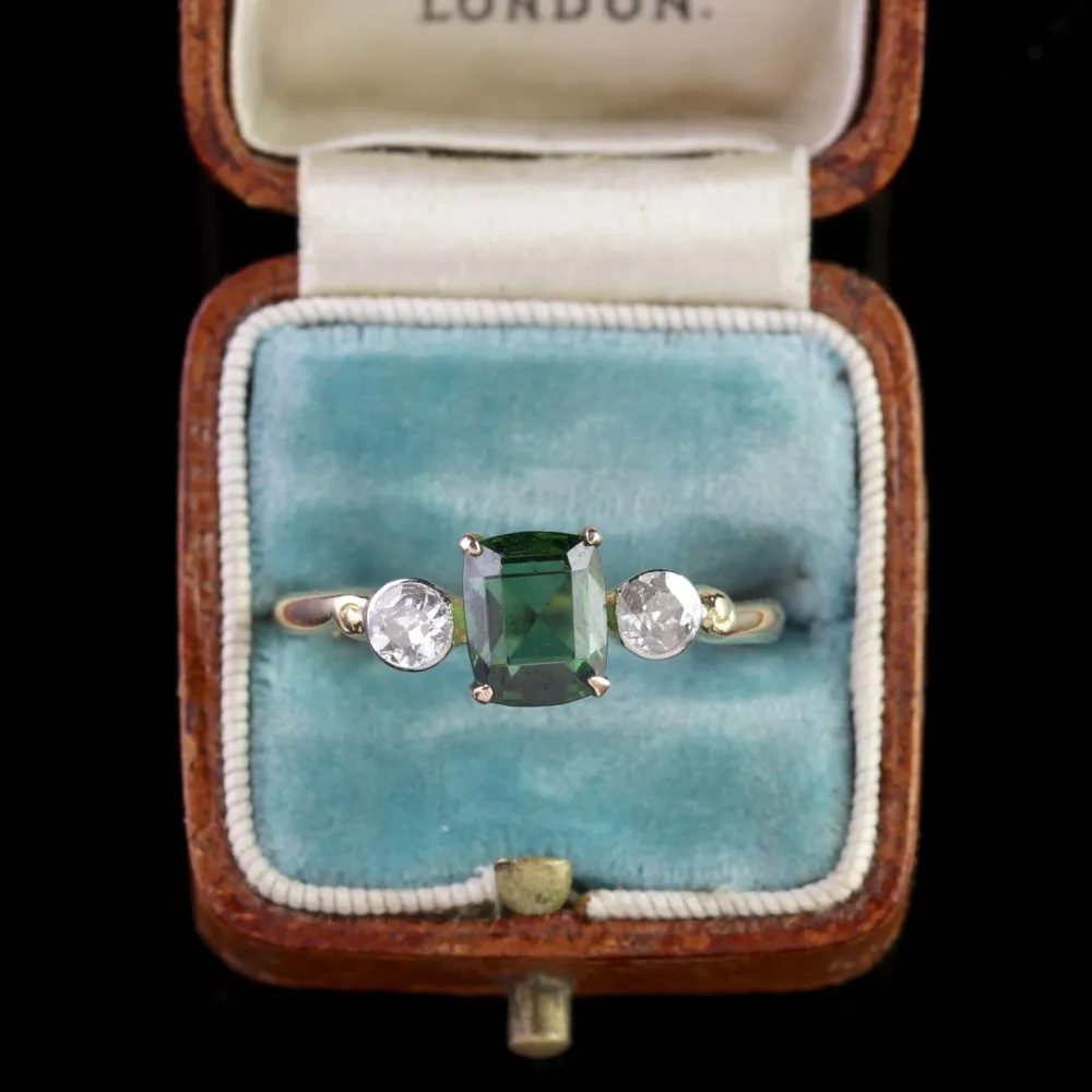 Antique Victorian Green Tourmaline Diamond Ring 18Ct Gold