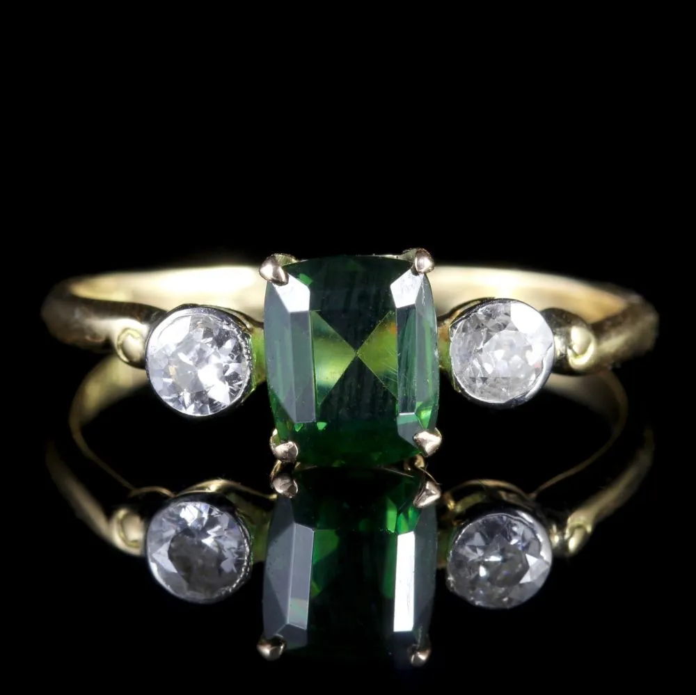 Antique Victorian Green Tourmaline Diamond Ring 18Ct Gold