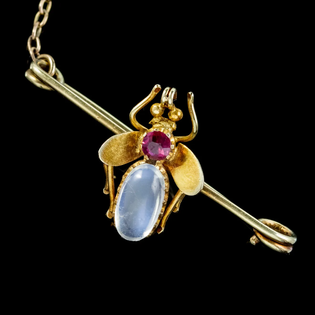 Antique Victorian Moonstone Ruby Sapphire Insect Pins 18Ct Gold Circa 1900