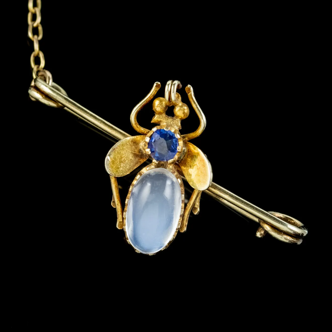 Antique Victorian Moonstone Ruby Sapphire Insect Pins 18Ct Gold Circa 1900