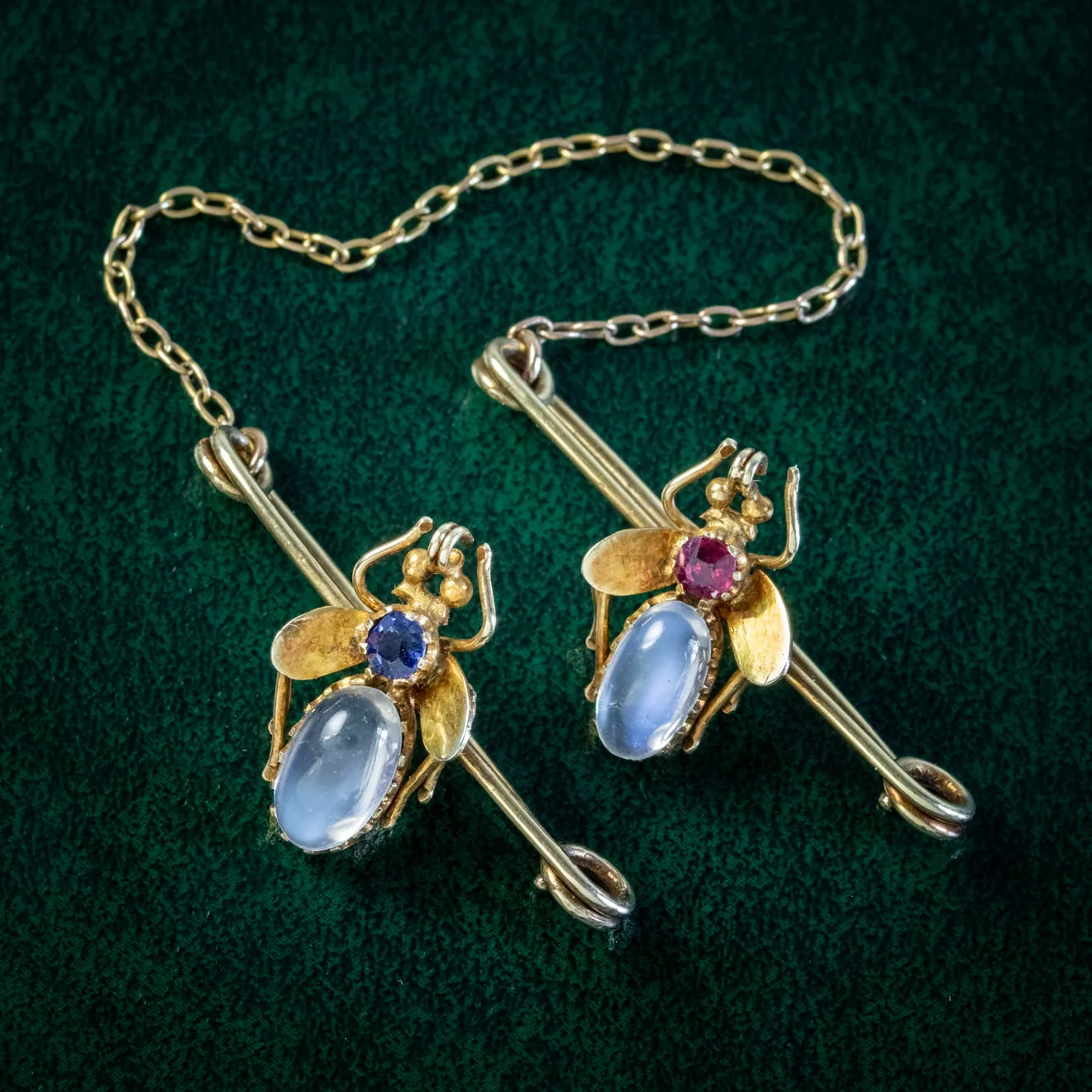 Antique Victorian Moonstone Ruby Sapphire Insect Pins 18Ct Gold Circa 1900