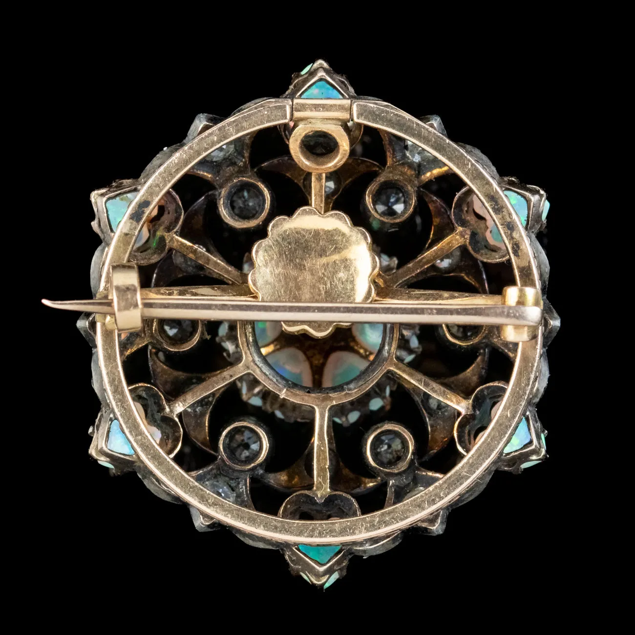 Antique Victorian Opal Heart Diamond Flower Brooch Silver 18ct Gold